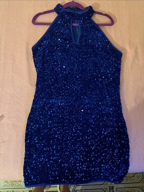 Sequined Halter Mini Dress - Royal Blue